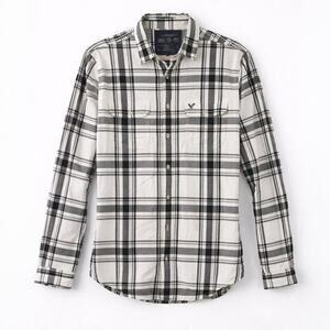 American Eagle Men’s Plaid Button Down Shirt L Athletic Fit Black White Casual